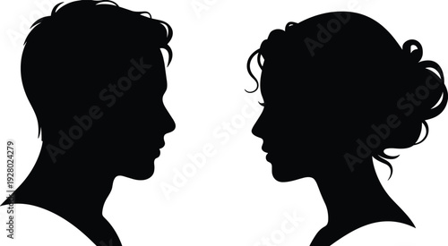Man and woman face profile silhouettes isolated on white background black vector illustration of human head side view