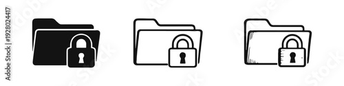 Locked Folder Icons Set. Data Security Symbol. Private File Protection Flat, Line, and Hand-drawn Vector Illustration.