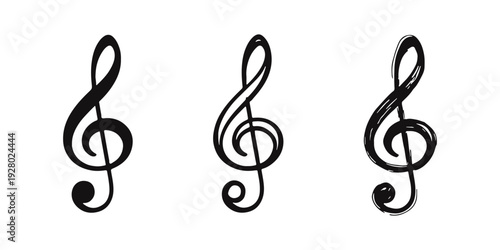Treble Clef Icon Set: Solid, Outline, and Hand-Drawn Musical Symbols on White Background