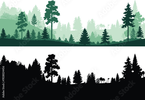 Misty pine forest panorama banner with layered green hills and tall conifer silhouettes, tranquil woodland landscape illustration background for nature, camping, hiking and ecology design.