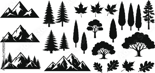 Black silhouette illustrations of mountains, trees, and leaves showcasing nature elements, perfect for outdoor design, wilderness artwork, and creative graphic projects