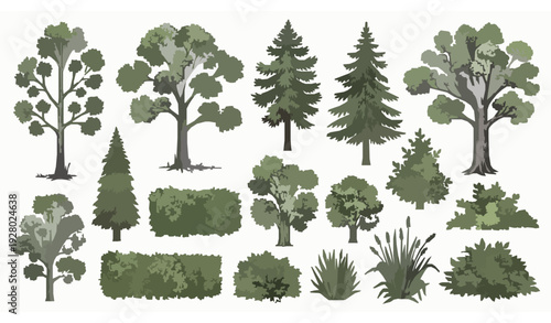 Retro woodland landscape elements with vintage trees and bushes botanical vector collection