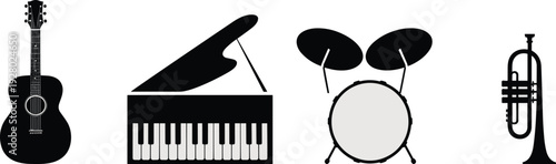 Musical instrument silhouettes with acoustic guitar grand piano drum set and trumpet isolated on white background black vector illustration collection