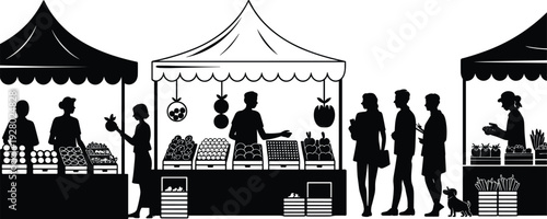 Outdoor farmers market silhouette scene with vendors and customers buying fresh fruits and vegetables at food stalls isolated on white background