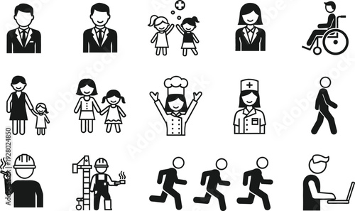 People Profession and Activity Icon Set with Businessman, Teacher, Nurse, Engineer, Runner and Wheelchair User Silhouette Vector Collection