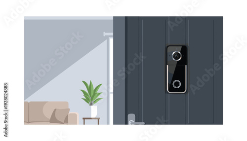 Modern smart doorbell with camera on sleek dark door next to living room