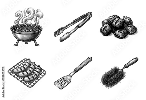 A collection of black and white vintage woodcut style illustrations of barbecue equipment including a grill, tongs, charcoal, sausages, spatula, and cleaning brush.