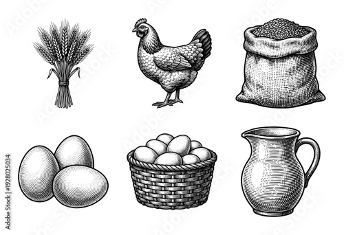 Vintage woodcut style collection of farm fresh organic products including poultry, eggs, grain, and dairy