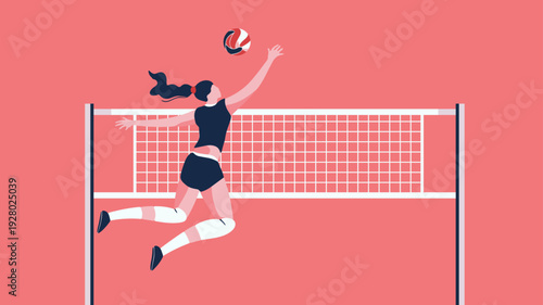Female Volleyball Player Jumping for Spike Flat Vector Illustration