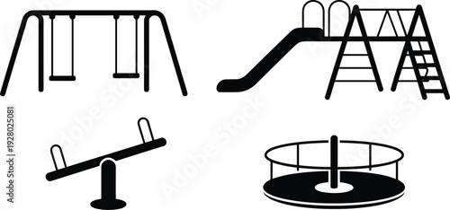 Playground equipment silhouette icon collection with swing slide seesaw and roundabout isolated on white background black vector illustration set