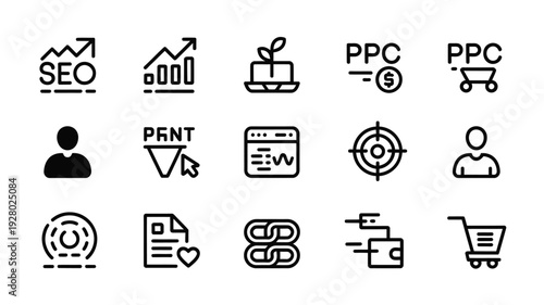 Digital marketing icons representing seo ppc analytics and online shopping