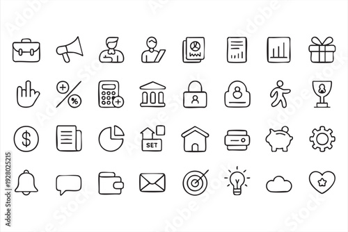 Professional Business Line Icons with Goals Strategy and Communication