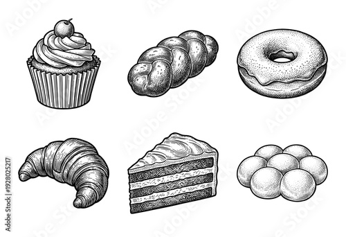 Set of bakery products and sweet pastries in a classic hand drawn vintage engraving style featuring cakes and bread