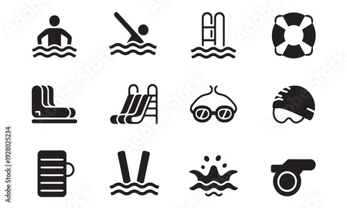 Collection of black swimming icons on white background including people pool accessories and equipment  various water activities