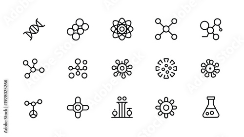 Collection of minimalist science icons featuring molecules atoms and lab equipment