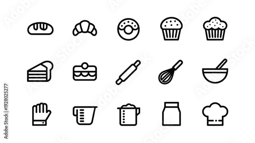 Black and white line icons depicting various baked goods and baking tools