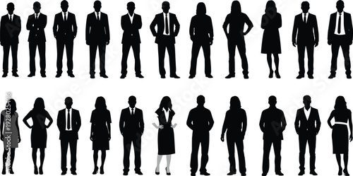 Black silhouettes and flat vector people standing, business men in suits and women in elegant dresses, diverse professional characters,
