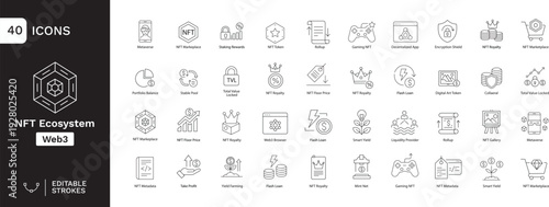 NFT Ecosystem & Web3 Line Icons Set – 40 Editable Stroke Outline Icons for Blockchain, DeFi, Crypto Marketplace, Staking, Metaverse and Digital Asset UI Design