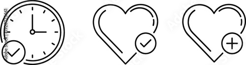 Time Management and Favorite Icon Set with Clock and Heart Symbols, Approval and Add Concept Line Art Vector Illustration