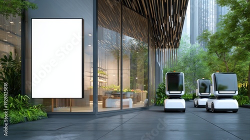 Autonomous delivery robots near modern glass office building with blank billboard mockup, smart city last mile logistics concept