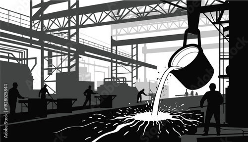 Steel factory interior with molten metal pouring from ladle and worker silhouettes in heavy industrial manufacturing plant vector illustration