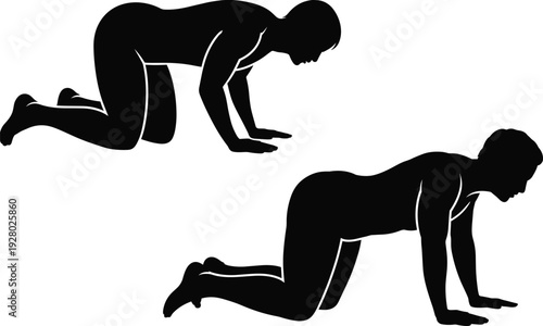 Woman exercise silhouette set performing quadruped and stretching pose, female fitness training illustration isolated on white background for yoga, workout and rehabilitation design.