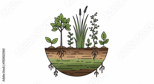 Illustration of a cross-section of soil with various plants and roots growing in it against a white background.