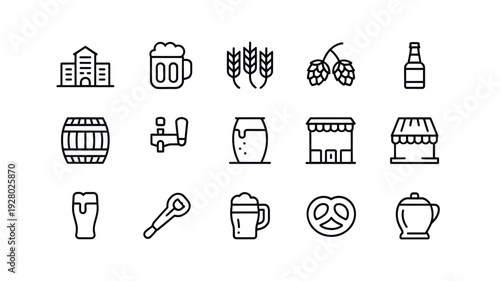 Collection of minimalist line icons representing beer brewing and pub elements