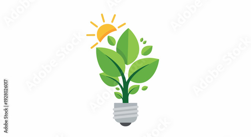 Illustration of a green plant growing out of a light bulb with a sun symbol above, on a white background.