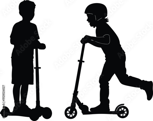Black silhouette of two young boys playing together on kick scooters with safety helmet, active outdoor summer childhood lifestyle isolated on white background.