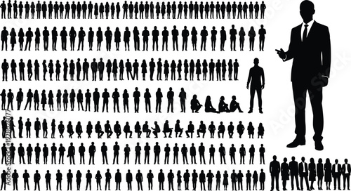 Black silhouettes of diverse people in various poses, leadership concept with large businessman figure pointing, teamwork, individuality, social dynamics