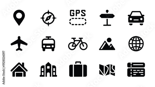 Collection of black travel and transportation icons on a white background