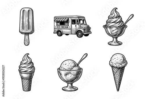 Vintage engraving style ice cream collection featuring sundae bowls, soft serve cones, a popsicle, and a classic delivery truck