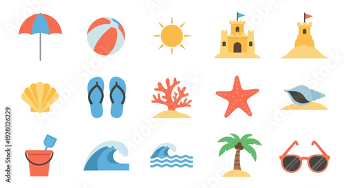 Collection of colorful flat icons representing beach and summer vacation elements.