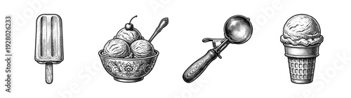 Vintage woodcut style ice cream set featuring popsicle, scoops in an ornate bowl with cherry, mechanical scooper, and waffle cone.