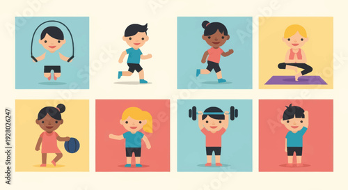 Cute cartoon kids characters set doing sports fitness and exercise.