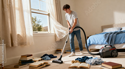 Young man cleaning a messy bedroom with a vacuum cleaner while books and clothes lie on the floor