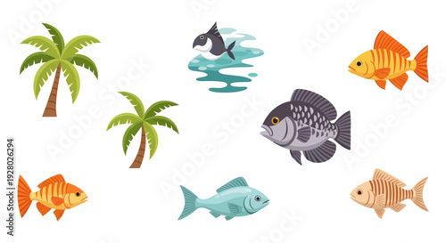 Colorful Assortment of Cartoon Fish in Various Styles.