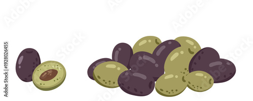 Pile of ripe black and green olives, one green olive sliced in half showing pit