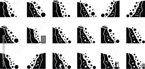 Rockfall and Landslide Hazard Icon Set with Falling Rocks, Cliff Collapse and Warning Scenarios, Black Silhouette Vector Collection