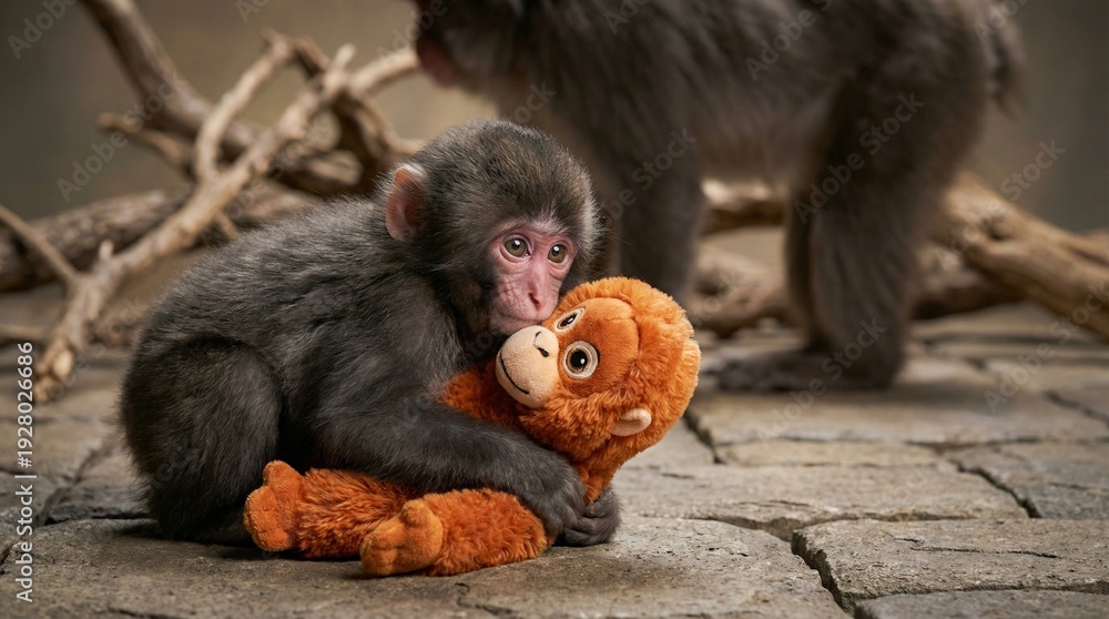 Obraz premium Cowering baby snow monkey shielded by an orangutan plush