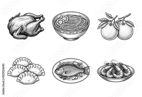 Collection of traditional Asian food illustrations featuring roasted chicken, noodles with lotus root, citrus fruit, dumplings, whole steamed fish, and bowl of shrimp in a vintage woodcut style.