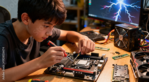 Young boy assembling a custom desktop computer motherboard using a screwdriver