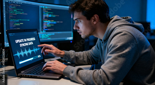 Focused software developer monitoring a system update and data sync on a laptop at night