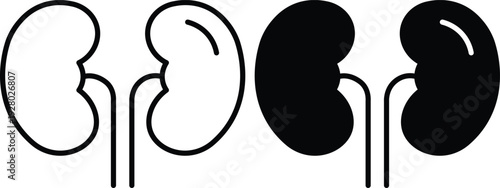 Illustration of human kidneys in both outline and solid black fill styles, representing anatomy and medical concepts.