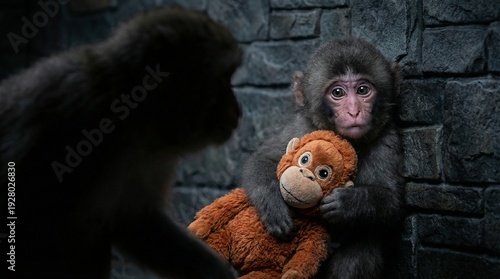 Cornered baby monkey clutching orange doll against stone wall