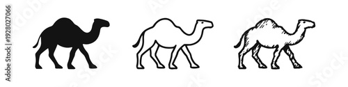 Three stylized camel icons set. Simple black and white vector illustrations of desert animals in various styles.