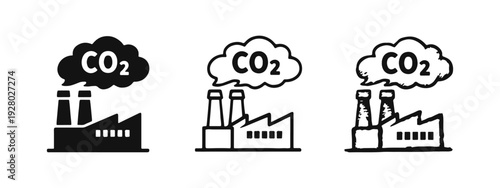 Three stylized CO2 emission factory icons set. Black and white vector illustrations of industrial pollution and climate change.