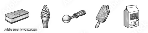 Vintage style engraving collection of ice cream treats including sandwich cone scoop popsicle and carton box set