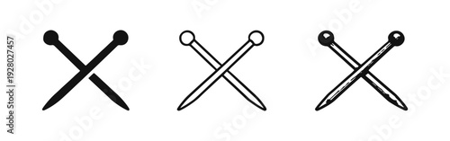 Three stylized crossed sewing pins icons set. Simple black and white vector illustrations of crafting tools in various styles.